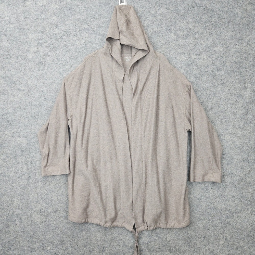 Lands End Cardigan Women's 1X Taupe Hooded Open Front Cotton Knit Drawstring Hem